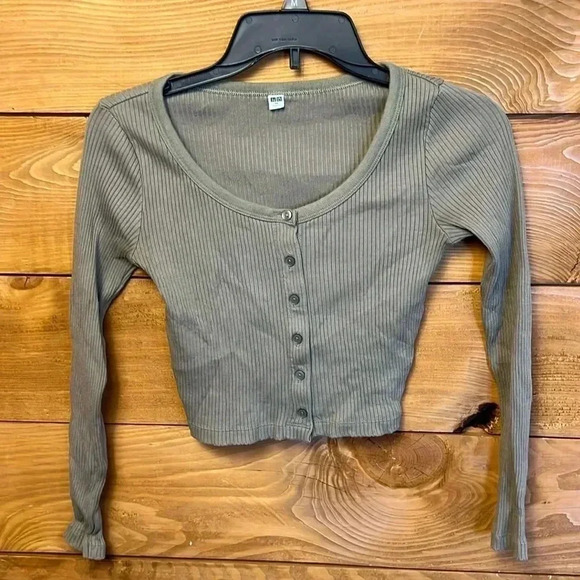 Uniqlo Womens Olive Green button up ribbed long sleeve cropped top XS cardigan - Picture 1 of 6